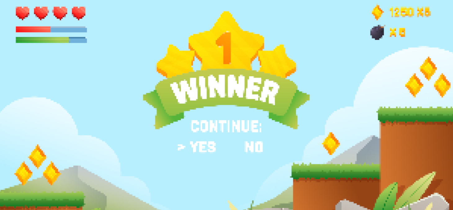 Visuel reprenant les codes graphiques d'un écran de jeu vidéo de plateforme, à la fin d'un niveau ("Winner" & "Continue")